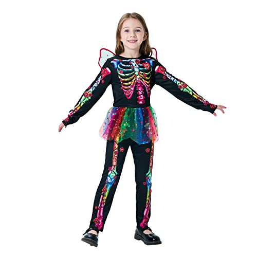 Rabtero Kinder Halloween Skelett Kostüm, Halloween Skelett Fancy Dress Up, Regenbogen Schädel Knochen Outfit mit Flügeln für Mädchen 5-6 Jahre von Rabtero