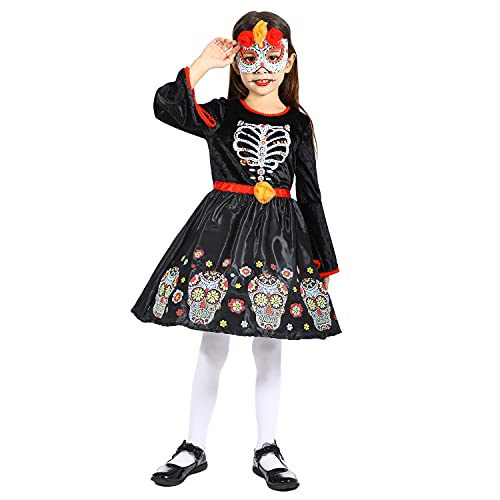 Rabtero Kinder Halloween Skelett Kostüm, Mädchen Tag der Toten Kostüm, Skelett Schädel Kleid für Mädchen 3-4 Jahre von Rabtero