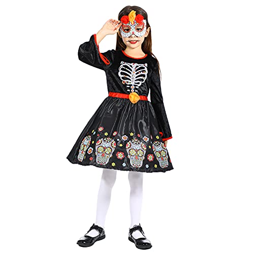 Rabtero Kinder Halloween Skelett Kostüm, Mädchen Tag der Toten Kostüm, Skelett Schädel Kleid für Mädchen 7-8 Jahre Rabtero Kinder Halloween Skelett Kostüm, Mädchen Tag der Toten Kostüm, Skelett Schädel Kleid für Mädchen 7-8 Jahre von Rabtero