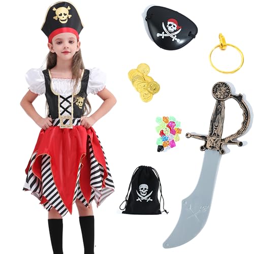 Rabtero Kinder Pirate Kostüm, Mädchen Luxus Pirate Prinzessin Kleid mit 7pcs Zubehör, Pirate Cosplay Dress Up Set für Kinder 3-4 Jahre von Rabtero