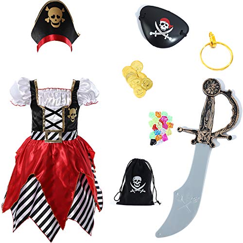 Rabtero Kinder Pirate Kostüm, Mädchen Luxus Pirate Prinzessin Kleid mit 7pcs Zubehör, Pirate Cosplay Dress Up Set für Kinder 3-4 Jahre von Rabtero
