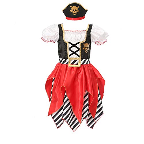 Rabtero Kinder Pirate Kostüm, Mädchen Pirate Prinzessin Kleid mit Hut nur, Pirate Rollenspiel Kostüm für Kinder 3-4 Jahre von Rabtero
