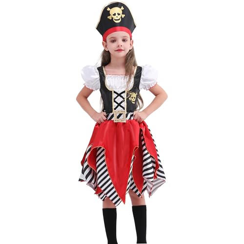 Rabtero Kinder Pirate Kostüm, Mädchen Pirate Prinzessin Kleid mit Hut nur, Pirate Rollenspiel Kostüm für Kinder 5-6 Jahre von Rabtero