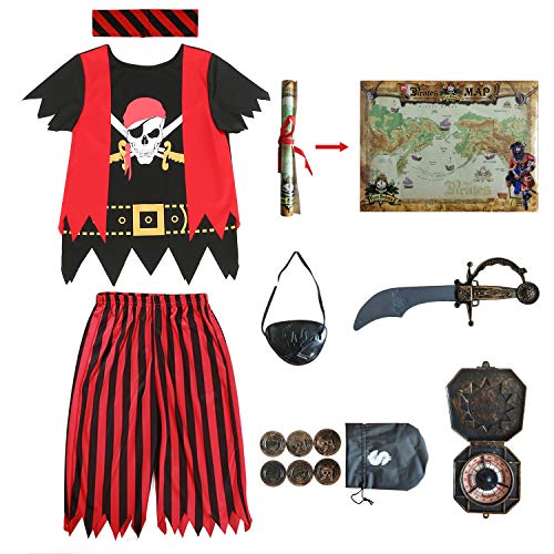 Rabtero Kinder Piraten Kostüm, Jungen Deluxe Pirate Dress Up, 8-teiliges Set Piraten Cosplay, Piraten Kostüm mit Zubehör für Kinder 3-4 Jahre von Rabtero