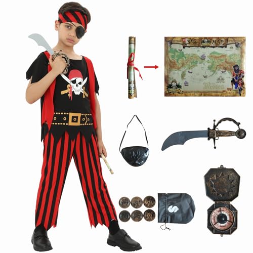 Rabtero Kinder Piraten Kostüm, Jungen Deluxe Pirate Dress Up, 8-teiliges Set Piraten Cosplay, Piraten Kostüm mit Zubehör für Kinder 3-4 Jahre von Rabtero