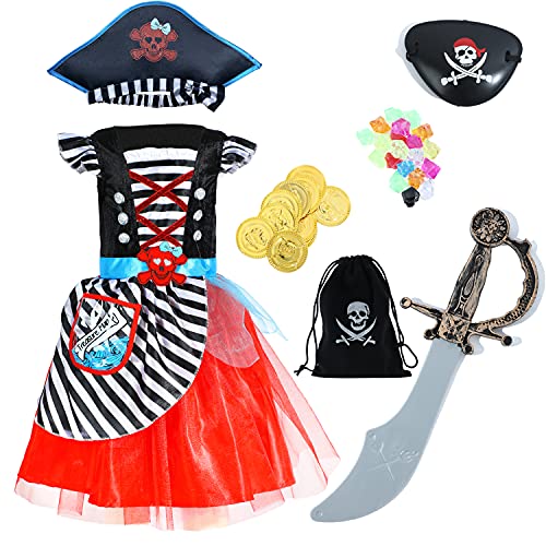 Rabtero Kinder Piraten Kostüm, Mädchen Upgrade Deluxe Piraten Prinzessin Kleid, mit 7pcs Piraten Zubehör für Kinder 3-4 Jahre von Rabtero