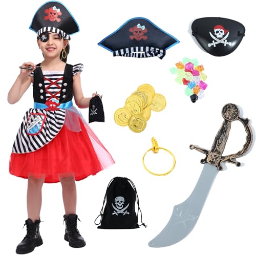 Rabtero Kinder Piraten Kostüm, Mädchen Upgrade Deluxe Piraten Prinzessin Kleid, mit 7pcs Piraten Zubehör für Kinder 5-6 Jahre von Rabtero