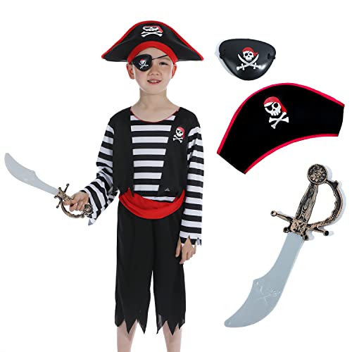 Rabtero Kinder Piraten verkleiden sich, Jungen Piraten Kostüm mit Piraten Hut, Augenklappe, Piraten Cutlass für Kinder 5-6 Jahre von Rabtero