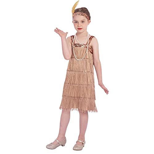 Rabtero Kinder Roaring 20er Jahre Fancy Kostüm, Mädchen Flapper Kleid Mit Perlenkette Und Feder Stirnband, Gangster Outfit Für Mädchen, Golden, 2X-Large 12-14 von Rabtero