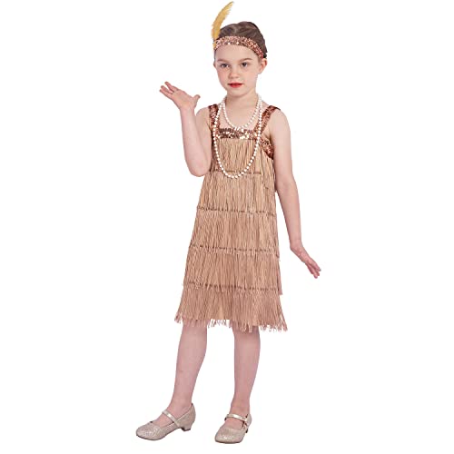 Rabtero Kinder Roaring the 20er Jahre Fancy Kleid Kostüm, Mädchen Flapper Kleid mit Perlenkette und Feder Stirnband, Gangster Flapper Kleid für Mädchen, golden, Große 8-10 von Rabtero