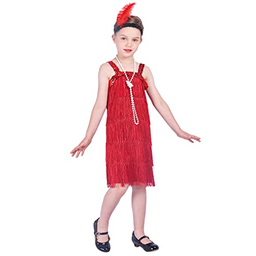 Rabtero Kinder Roaring the 20er Jahre Fancy Kleid Kostüm, Mädchen Flapper Kleid mit Perlenkette und Feder Stirnband, Gangster Flapper Kleid für Mädchen, rot, 2X-Large 12-14 von Rabtero