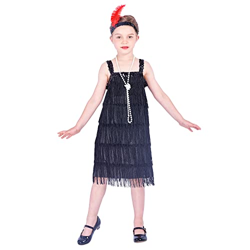 Rabtero Kinder Roaring the 20er Jahre Fancy Kleid Kostüm, Mädchen Flapper Kleid mit Perlenkette und Feder Stirnband, Gangster Flapper Kleid für Mädchen, schwarz, Große 8-10 von Rabtero