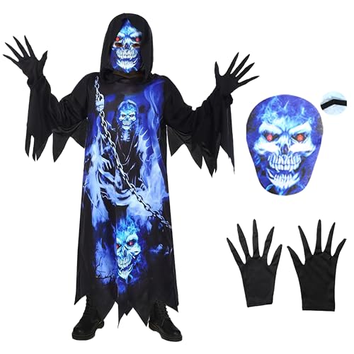 Rabtero Kinder Sensenmann Kostüm, Halloween Kostüm Dark Ghost Phantom, gruselige Robe mit bedruckter Maske und Handschuhe für Kinder 4-6 Jahre von Rabtero