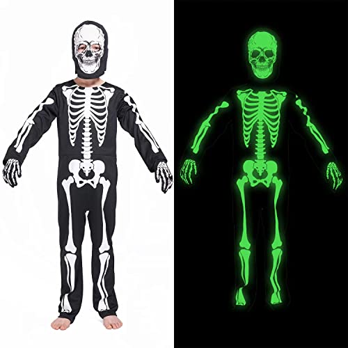 Rabtero Kinder Skelett Kostüm, Halloween Skelett Dress Up, weißer Schädel Knochen Overall mit Kapuze Maske und Handschuhen, Glühen im Dunkeln für Kinder 7-9 Jahre von Rabtero