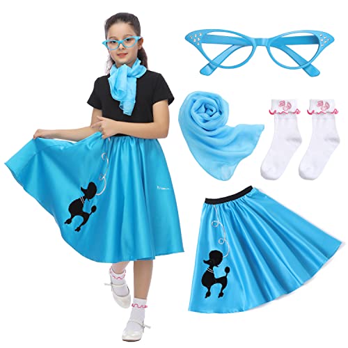 Rabtero Kinder Socken Hop Kostüm, Mädchen 1950er Jahre Kleid Kostüm, 50er Jahre Pudel Rock mit Schal, Brille und Socken für Mädchen 12-14, groß, blau von Rabtero