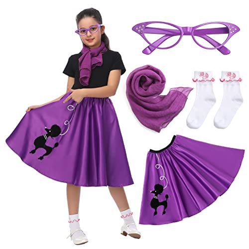 Rabtero Kinder Socken Hop Kostüm, Mädchen 1950er Jahre Kleid Kostüm, 50er Jahre Pudel Rock mit Schal, Brille und Socken für Mädchen 12-14, groß, lila von Rabtero