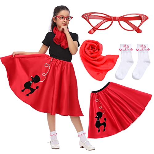 Rabtero Kinder Socken Hop Kostüm, Mädchen 1950er Jahre Kleid Kostüm, 50er Jahre Pudel Rock mit Schal, Brille und Socken für Mädchen 12-14, groß, rot von Rabtero
