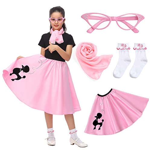 Rabtero Kinder Socken Hop Kostüm, Mädchen 1950er Jahre Kleid Kostüm, 50er Jahre Pudel Rock mit Schal, Brille und Socken für Mädchen 8-10, mittel, rosa von Rabtero