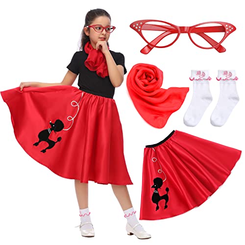 Rabtero Kinder Socken Hop Kostüm, Mädchen 1950er Jahre Kleid Kostüm, 50er Jahre Pudel Rock mit Schal, Brille und Socken für Mädchen 8-10, mittel, rot Rabtero Kinder Socken Hop Kostüm, Mädchen 1950er Jahre Kleid Kostüm, 50er Jahre Pudel Rock mit Schal, Brille und Socken für Mädchen 8-10, mittel, rot von Rabtero