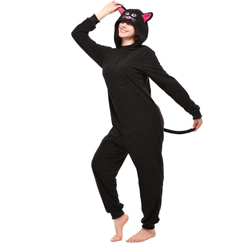 Rabtero Unisex-Tierkostüm für Erwachsene, Einteiler mit schwarzer Katze, Einteiler für Damen, Halloween, Weihnachten, Mottoparty, Tierkostüm für Damen und Herren, Größe S von Rabtero