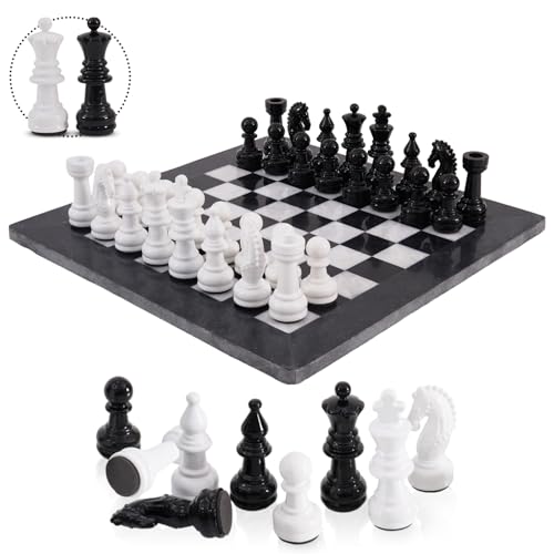 Marblous Krafts Schachspiel, 38,1 cm, schwarz-weiß, mit 32 Metallfiguren und 2 zusätzlichen Königinnen und Marmorplatte – großes handgefertigtes Schach- und Schachspiel für von MARBLOUS KRAFTS