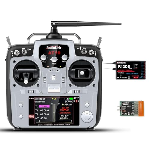 Radiolink AT10II 12 Kanäle 2.4G RC Sender Empfänger R12DS & PRM-01 Spannungs-Telemetrie-Funksteuerung für RC Flugzeug FPV Renndrohne Quad Helikopter Auto Boot (Grau Mode 2 Left Hand, Englisches Menü) von Radiolink