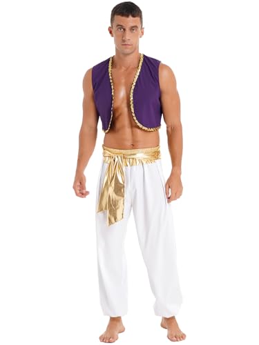 Raenseen Arabischer Prinz Kostüm Für Herren Arabisches Kostüm Weste Giacca Aperto + Hosen Bloomers Outfit Rollenspiel Aladdin Cosplay Karneval Halloween Gold XXL von Raenseen