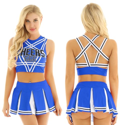 Raenseen Cheerleader Uniform Karnevalskostüm Mädchen Verkleidung Halloween Party Fancy Dress Für High School Crop Top Kreuzrücken Minirock Mit Falten Blau XXL von Raenseen