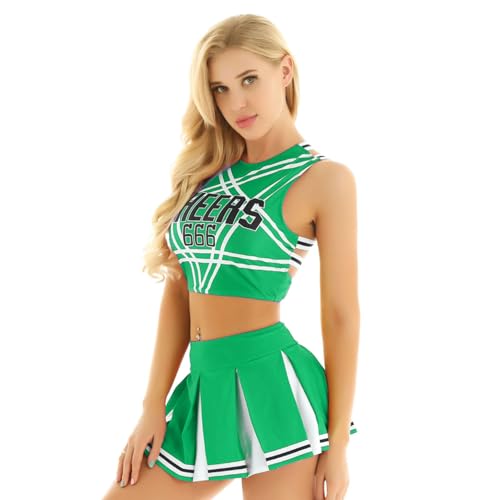 Raenseen Cheerleader Uniform Karnevalskostüm Mädchen Verkleidung Halloween Party Fancy Dress Für High School Crop Top Kreuzrücken Minirock Mit Falten Grün XXL von Raenseen