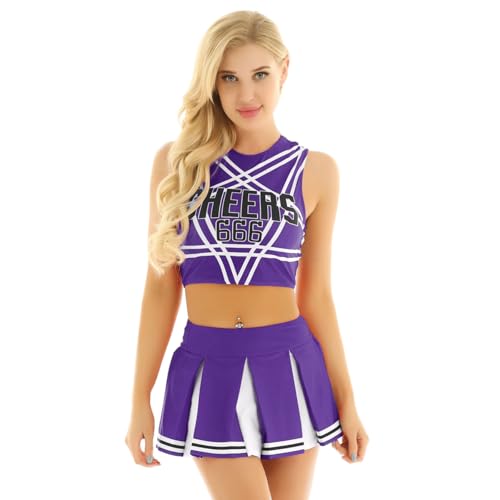 Raenseen Cheerleader Uniform Karnevalskostüm Mädchen Verkleidung Halloween Party Fancy Dress Für High School Crop Top Kreuzrücken Minirock Mit Falten Lila M von Raenseen