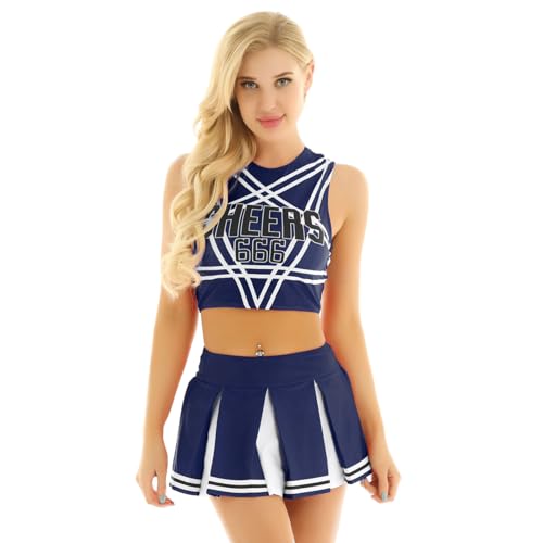 Raenseen Cheerleader Uniform Karnevalskostüm Mädchen Verkleidung Halloween Party Fancy Dress Für High School Crop Top Kreuzrücken Minirock Mit Falten Marineblau XXL von Raenseen