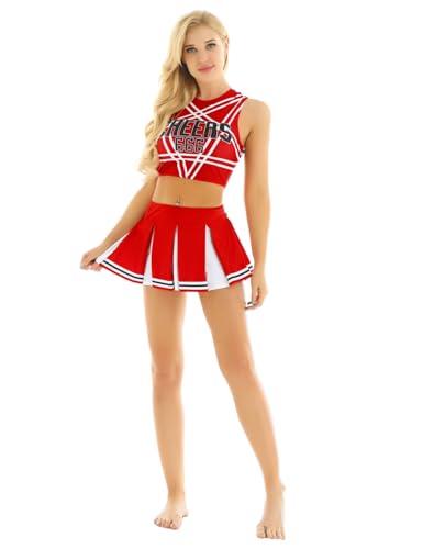 Raenseen Cheerleader Uniform Karnevalskostüm Mädchen Verkleidung Halloween Party Fancy Dress Für High School Crop Top Kreuzrücken Minirock Mit Falten Rot XXL von Raenseen