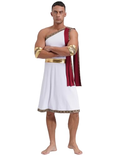 Raenseen Griechischer Gott Kostüm Herren Römische Toga Kleidung Erwachsene Toga Ein Schulter Umhang Mit Abnehmbaren Manschetten Kaiser Kostüm Karneval Halloween Burgund XXL von Raenseen