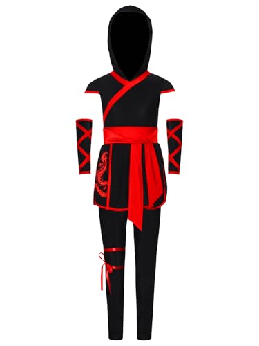 Raenseen Kind Japanischer Anime Cosplay Kostüm Kapuzen Tunika Oberteil Mit Leggings Für Themenparty Rot 158-164 von Raenseen