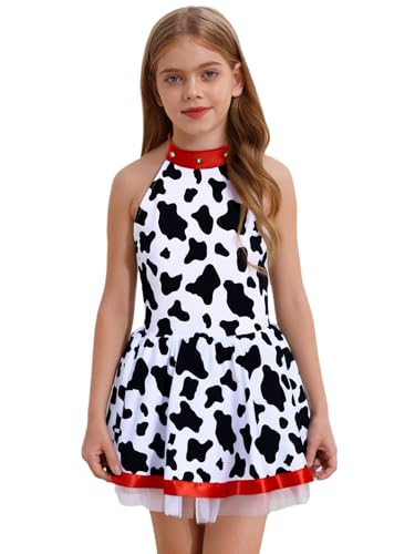 Raenseen Kinder Mädchen Hexen Dalmatiner Kostüm Gepunkteter Hund Halter Bedruckter Leotard Tutu Kleid Mit Schwanz Weiß Schwarz 158-164 von Raenseen