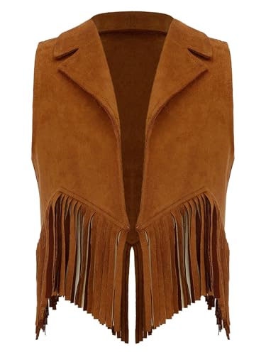 Raenseen Kostüm Cowboy Mädchen Und Junge Cowboy Cowgirl Indianer Western Leder Wildleder Fransen Quasten Jacke Für Rollenspiele Karneval Halloween Braun 134-140 von Raenseen