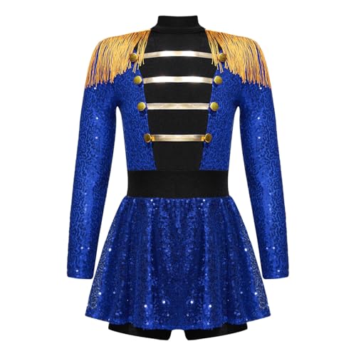 Raenseen Kostüm Dompteurin Zirkus Mädchen Ringmaster Kostüm Karneval Und Halloween Gymnastik Body Klassischer Tanz Balletttänzerin Pailletten Ballettkleid Blau 110-116 von Raenseen