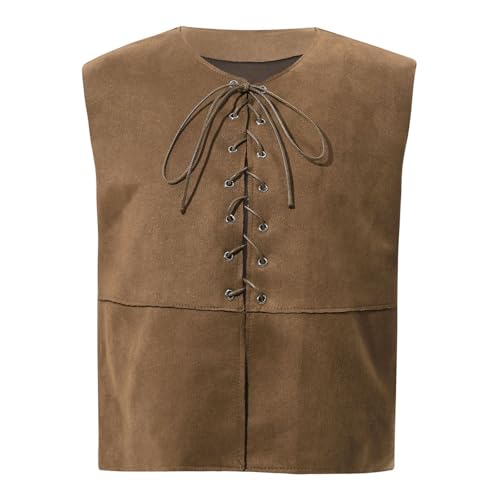 Raenseen Mittelalterliche Renaissance Weste Für Kinder Und Jungen Cowboy Cowgirl Kostüm Piraten Gothic Steampunk Ärmellose Weste Vausschnitt Karnevalskostüm Braun 122-128 von Raenseen