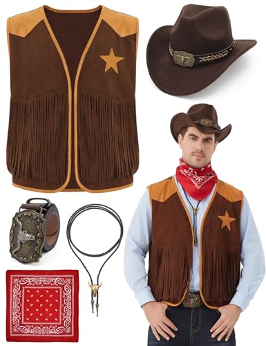 Ragelion Cowboy Kostüm Herren 5 Pcs Western Cowboy Outfits Weste Hut Krawatte Schnalle Gürtel Halskette für Halloween Karneval Cosplay von Ragelion