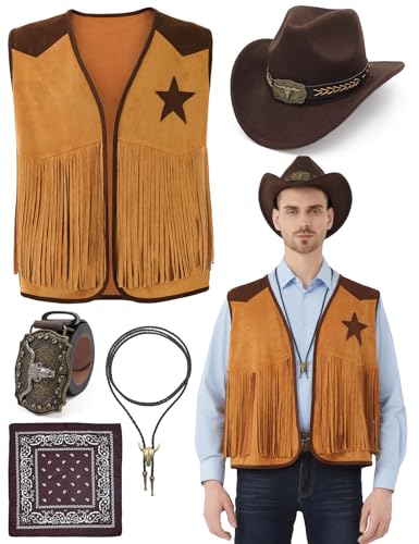 Ragelion Cowboy Kostüm Herren 5 Pcs Western Cowboy Outfits Weste Hut Krawatte Schnalle Gürtel Halskette für Halloween Karneval Cosplay von Ragelion