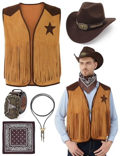 Ragelion 5 Pcs Cowboy Outfits für Männer Western Cowboy Kostüm Weste Hut Krawatte Schnalle Gürtel Halskette für Halloween Cosplay (Khaki, M) von Ragelion