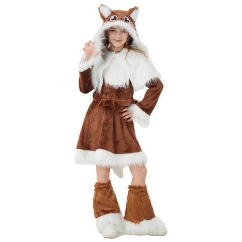 Ragelion Fuchs Kostüm für Mädchen Kinder Fuchs Kleid Kostüm mit Kapuze Cape Stiefelüberzüge für Halloween Party Dress Up (150) von Ragelion