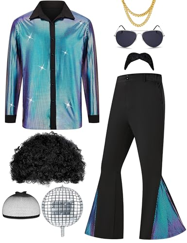 Ragelion Herren 70er Jahre Outfit Retro Disco Kostüm Set Männer Hippie Kostüm Hemd und Schlaghosen für Karneval oder Mottoparty Ragelion Herren 70er Jahre Outfit Retro Disco Kostüm Set Männer Hippie Kostüm Hemd und Schlaghosen für Karneval oder Mottoparty von Ragelion