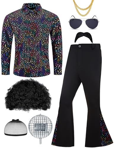 Ragelion Herren 70er Jahre Outfit Retro Disco Kostüm Set Männer Hippie Kostüm Hemd und Schlaghosen für Karneval oder Mottoparty von Ragelion