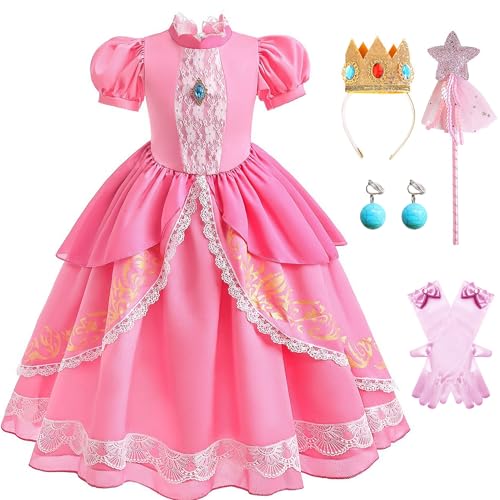 Ragelion Prinzessin Pfirsich Peach Kostüm Cosplay Kostüm Rosa Prinzessin Kleid 5PCS/Set für Kinder Halloween (rosa, 120) von Ragelion