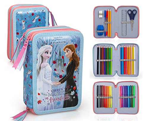 Disney Frozen - Die Eiskönigin Anna und ELSA, 3-Fach Federtasche Federmappe, 44 TLG. gefüllt für Jungen Mädchen Kinder, blau/rosa, 20 x 12,5 x 5,5 cm von Ragusa-Trade
