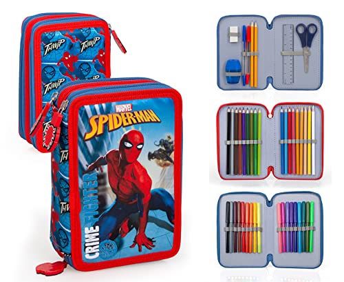 Ragusa-Trade Marvel Spider-Man Crime Fighter, 3-Fach Federtasche Federmappe, 44 TLG. gefüllt für Jungen Mädchen Kinder, blau/rot, 20 x 12,5 x 5,5 cm von Ragusa-Trade