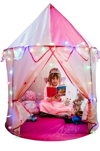 Prinzessin Schloss Spielzelt für Kinder, mehrfarbige LED-Leuchten, mit Kuscheltier Regenbogenfrosch. Geschenk für Mädchen. Kompakte Größe Kinderzelt : 105 x 105 x 135 cm (B x L x H) kinderzelt von Rainbow Frog