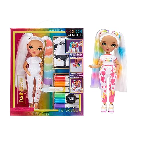Rainbow High Color & Create DIY Modepuppe - Grüne Augen, Zöpfe, extra Top & Schuhe, abwaschbare Regenbogenstifte - Ausmalen, Gestalten, Spielen, Auswaschen - für Kinder von 4-12 Jahren und Sammler von Rainbow High