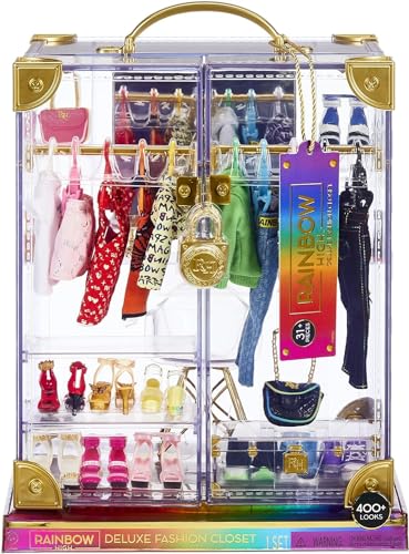 Rainbow High Deluxe Fashion Closet Spielset – 400+ modische Looks! Tragbarer transparenter Acryl-Spielzeugschrank - 31+ Artikel, Kleidung, Accessoires und Stauraum. Für Kinder von 6 bis 12 Jahren von Rainbow High
